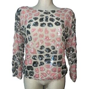 De Bina Women's Vintage Silk Sequined Top size L Cocktail Disco 80s Boat Neck